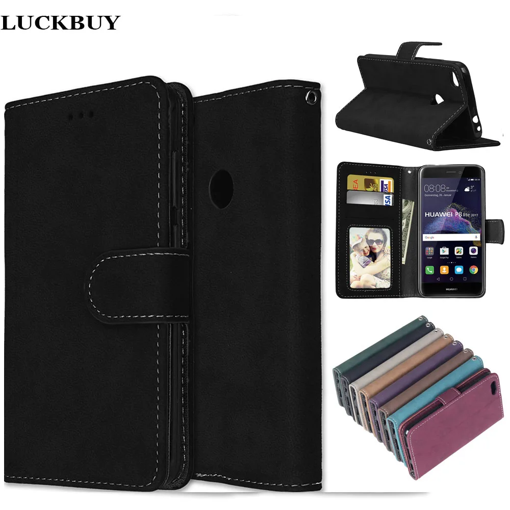 

LUCKBUY P8 P9 Lite 2017 Retro Matte Design PU Leather Wallet Flip Cases for Huawei P8 Lite P9 lite P10 Lite P10 Plus V9 Capa