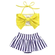 2 шт. топик на завязках для малыша, для девочки, с бантом, топ в полоску+ полосатые пляжные шорты купальные плавки бикини ванный комплект купальники милые детские комплекты одежды для девочек, состоящие их двух предметов, купальный костюм