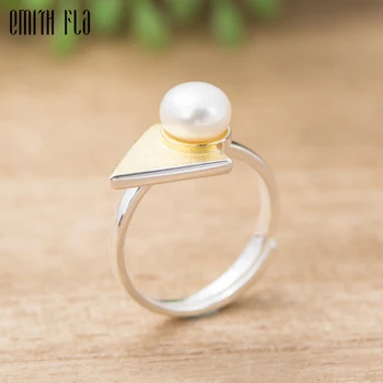 

Genuine 100% 925 Sterling Silver Triangle Design Fashion Rings Female Vintage Open Rings Pearl Jewelry For Women Resizable Size