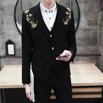 2018 Wedding Prom Latest Designs Handsome Royal Blue Burgundy Black Groom Tuxedos Gold Embroidery 3 Piece Slim Fit Mens Suits