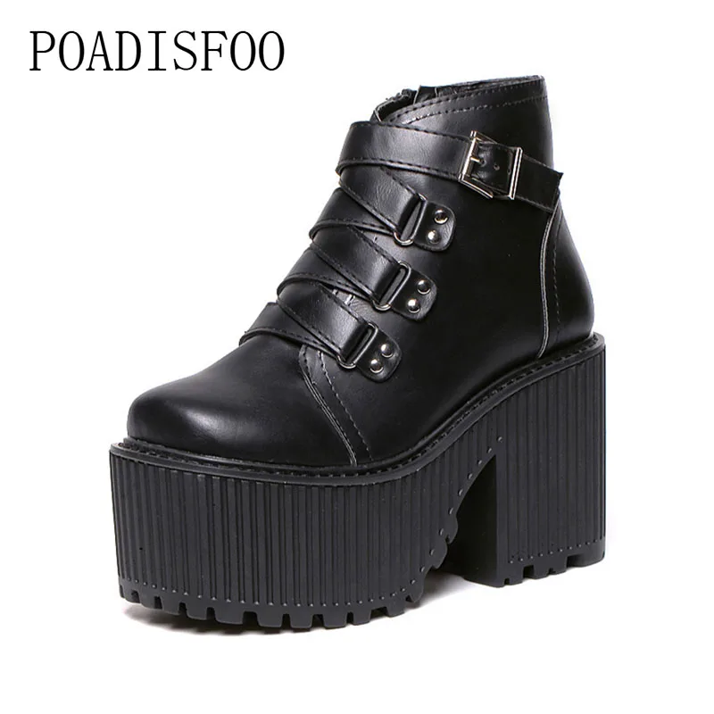 

POADISFOO Black Ankle Boots Shoes Womens toe platform round autumn thick boots high boots lace up and buckle ladies JXQ-4407