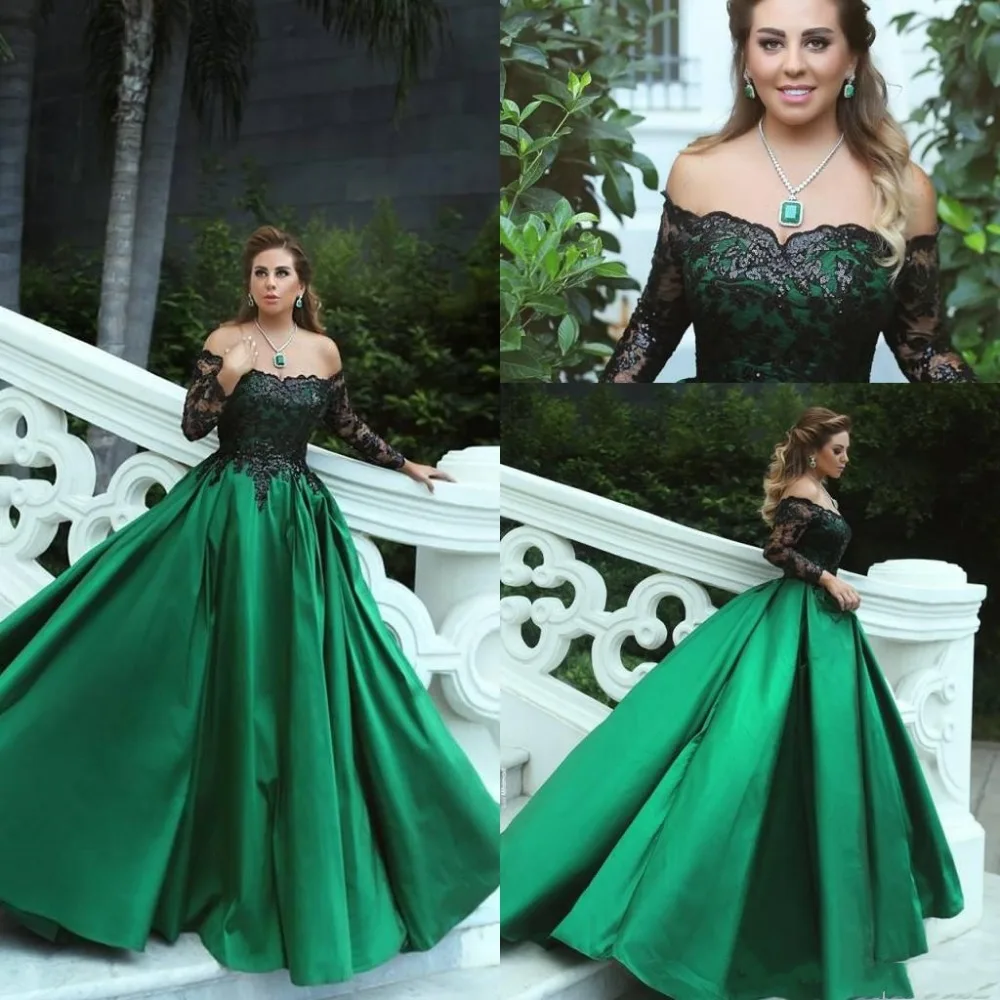 Emerald Green Black Lace Evening Dress Long 2019 Elegant Boat Neck Long Sleeve Formal Evening Gowns Empire Formal Party Dress Emerald Green Black Lace Evening Dress Long 2019 Elegant Boat Neck Long Sleeve Formal Evening Gowns Empire Formal Party Dress