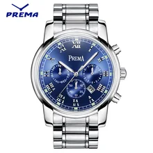 PREMA Top Luxury Brand Men Sports Watch Men’s Quartz Day Date Clock Fashion Luminous Stainless Steel Strap Blue Male Wrist Watch