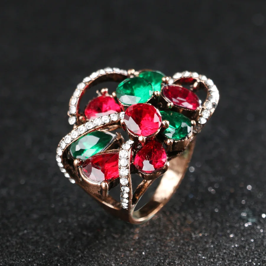Luxury Antique Rings For Women Color Gold Crystal Flower Ring Multiple Layers Resin Party Anel Aneis Vintage Jewelry