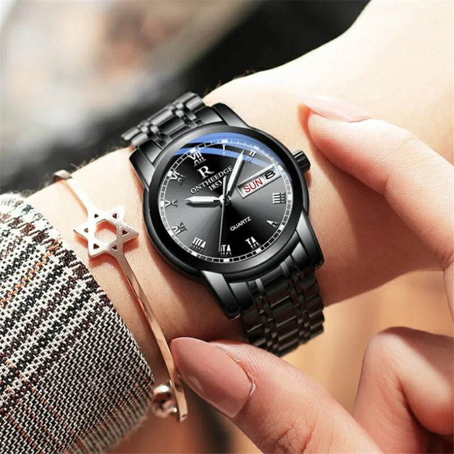 Womens Black Часы для мужчин и женщин, деловые водонепроницаемые часы с автоматической датой, серебристые стальные мужские часы, модные повседневные женские кварцевые наручные часы, Новинка - Цвет: Womens Black