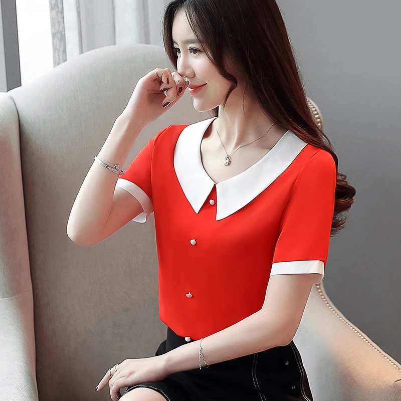 

Korean Fashion Chiffon Women Blouses Short Sleeve Women Shirts Pink Plus Size Blusas Femininas Elegante