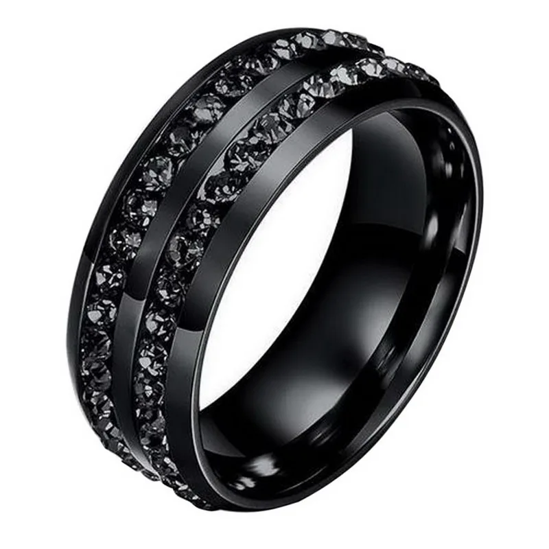 

FUNIQUE 8mm Jewelry Stainless Steel Double Rows Crystal Finger Rings for Men women Titanium Black Rhinestone Wedding Rings