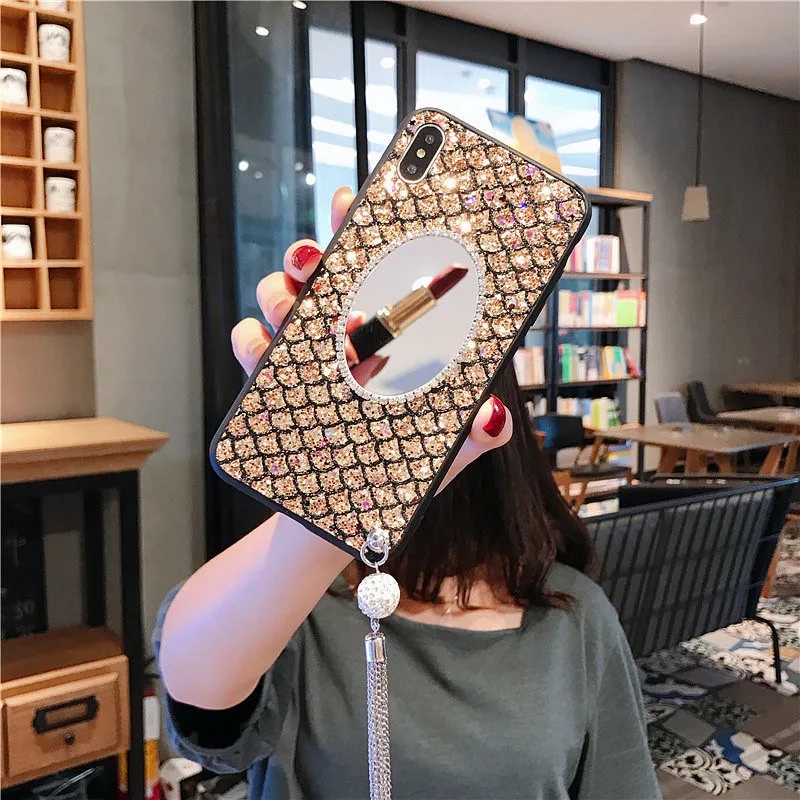 

Soft Silicon Mirror Cover Coque For IPhone X XS Max XR 7 8 6 6s Plus Phone Case Glitter Luxury Bling Diamond Gem Chain Tassel