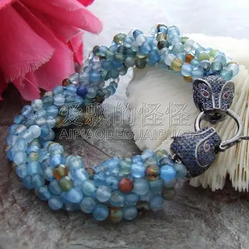 

B121014 8" 8 Strands Round Faceted Blue Onyx Bracelet CZ Clasp