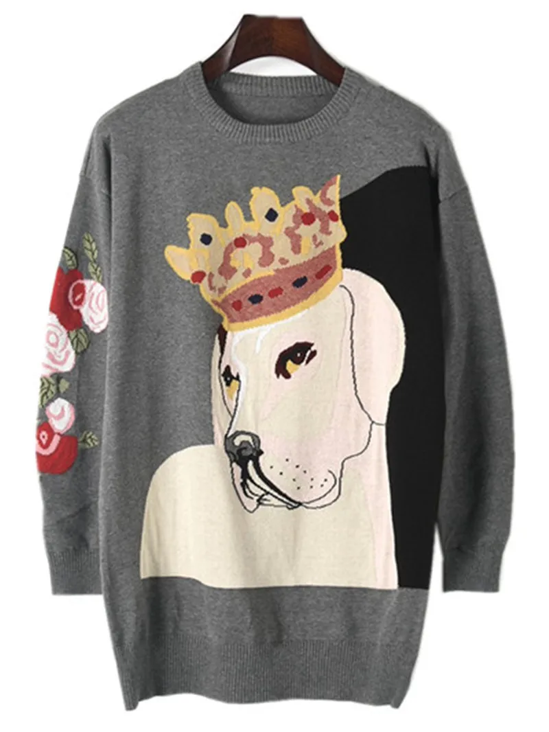 

Fashion Runway Sweater Women Sweaters and Pullovers 2017 Winter Crown Dog Cool Large Knitted Harajuku Sweater Long Tops Jumper