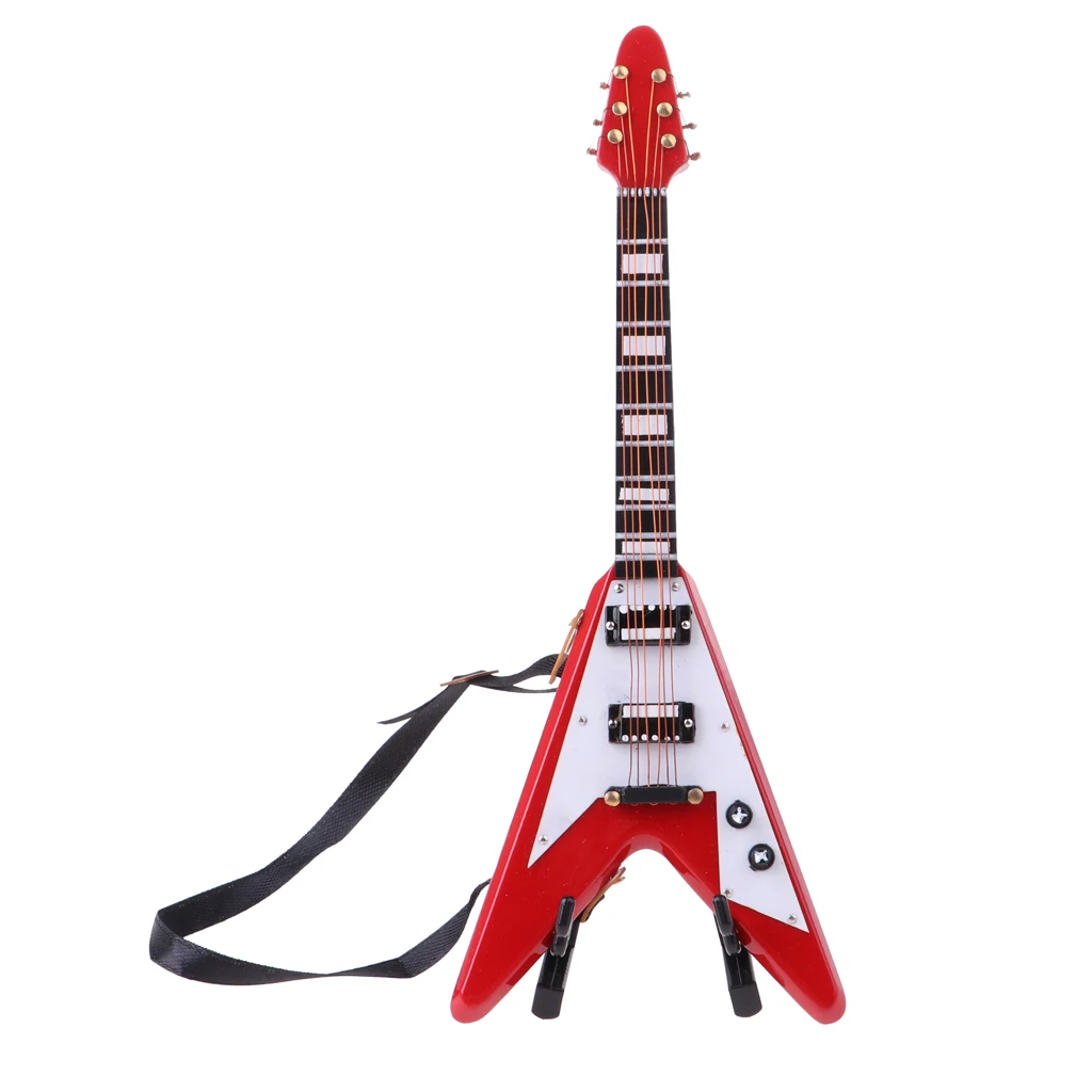 

1/6 Scale Miniature Musical Instrument Model Come With Stand & PU Box for Action Figures Dolls Accessory-Wooden V Guitar Model