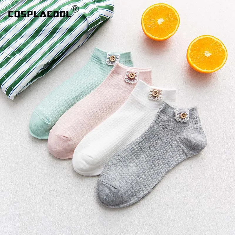 

[COSPLACOOL]Embroidery Buttons Lace Solid Harajuku Socks Japan Candy Color Sweet Sock Creative Jacquard Fresh Cotton Socks Women