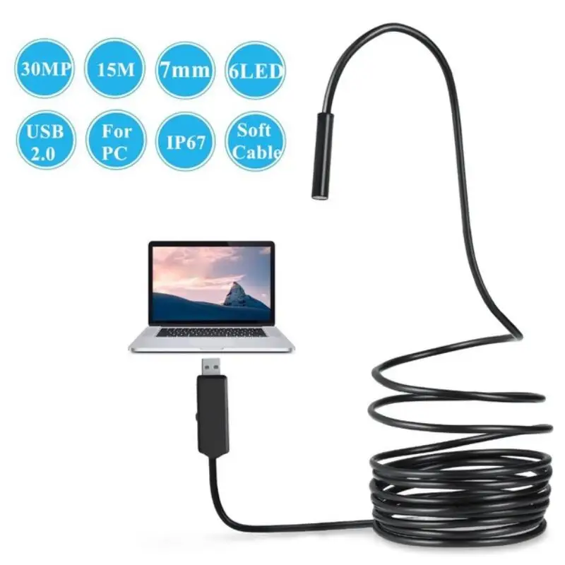 

7mm Waterproof USB Borescope 2-15M IP67 6 LED 30MP Tube Camera Insprection Endoscope For PC