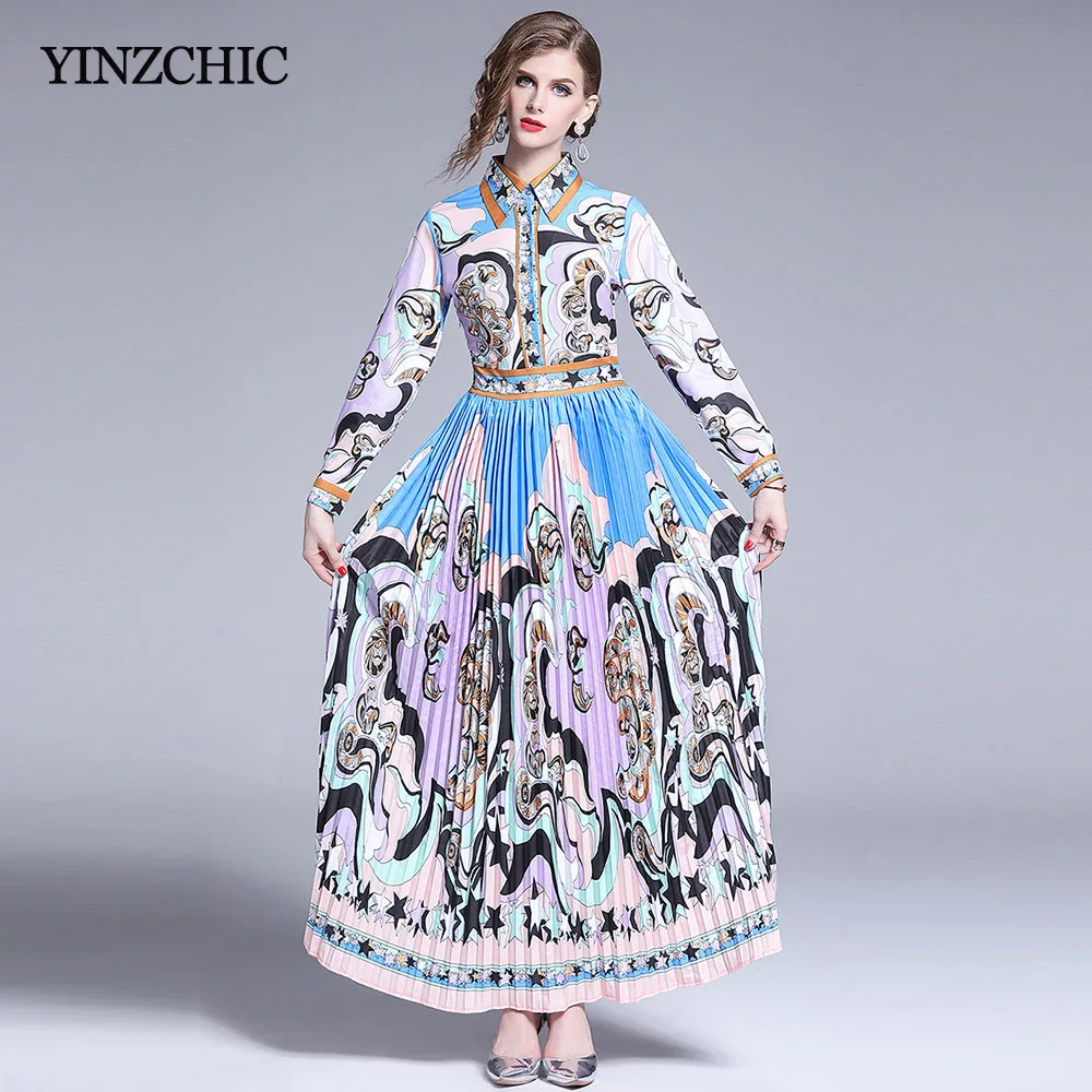 

Royal Printed Woman Pleated Maxi Dress Turn-down Collar Ladies Elegant Party Dress Full Sleeve Autumn Long Dress New 2019