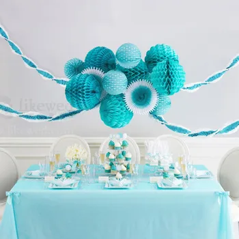 

Free Shipping 300pcs 10cm(4inch) Honeycomb Lantern Aqua Blue Paper Flower Balls Hanging Wedding Party Festival Favor 20 Colors