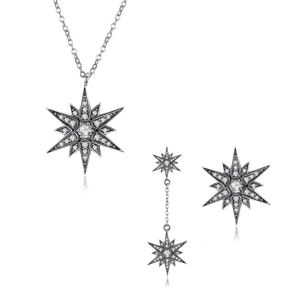 

Refined 925 Sterling Silver Star Shape Jewelry Sets Pendant Necklace + Ear Stud + Eardrop Wedding Jewelry Accessories