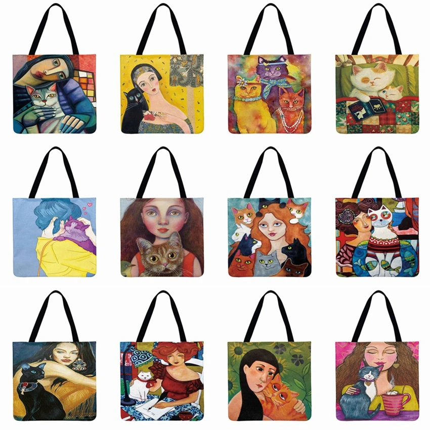 

Ladies Shoulder Bag Linen Fabric Bag Woman And Cats Art Printed Tote Bag Casual Totes Foldable Shopping Bag Outdoor Beach Bag