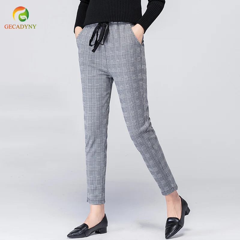 

High Waist Plaid Pants Women Drawstring Elastic Waist Grid Harem Trousers Women Autumn Elegant OL Harem Pants Women 2019