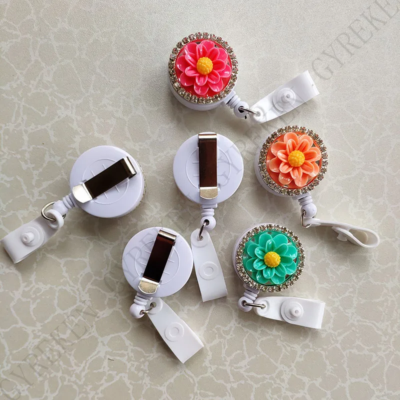 Resin Flower with Diamond Nursing Retractable Badge Holder Nurse Badge Holder Office Badge Reel Retractable for Work Badge Clip