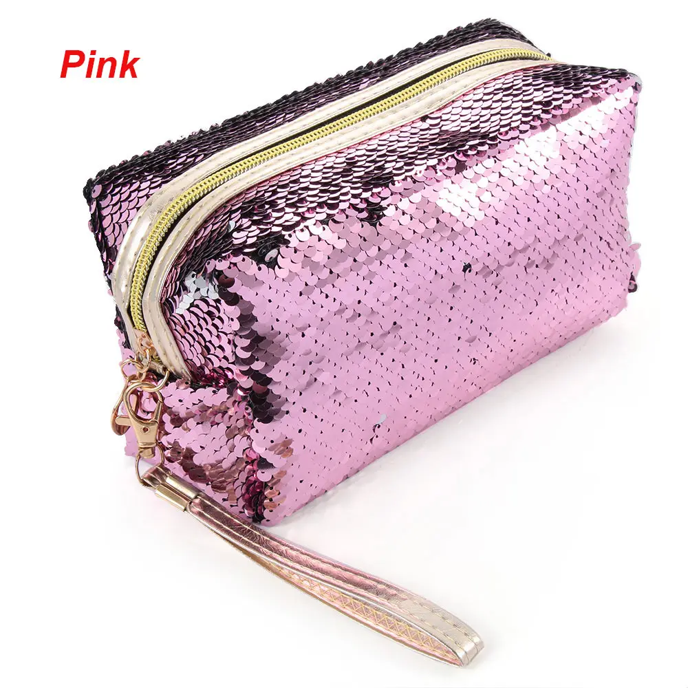 New Fashion Women's Mermaid Sequins Makeup Bag Pouch Girls Glitter Cosmetic Bags Sequins Handbag Travel Storage Zipper Bags - Color: Pink