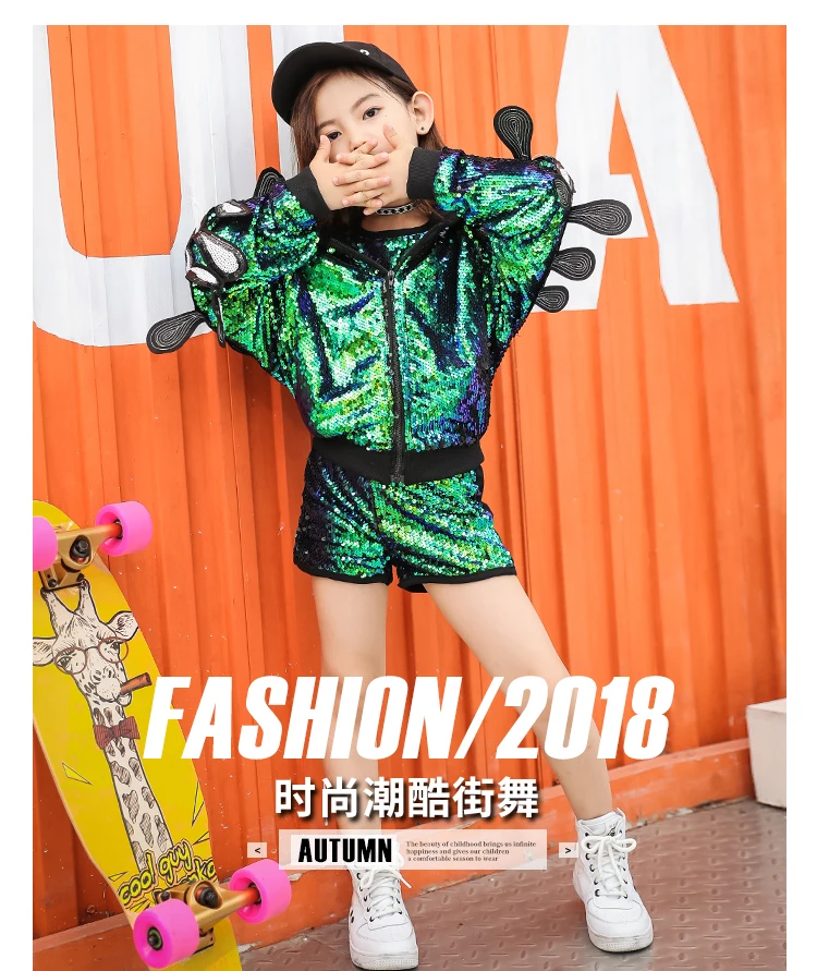 Kid Sequin Hip Hop Hoodies Jacket Clothing for Girls Crop Tank Top Shirt Shorts Jazz Dance Costume Ballroom Dancing Clothes Wear (2)