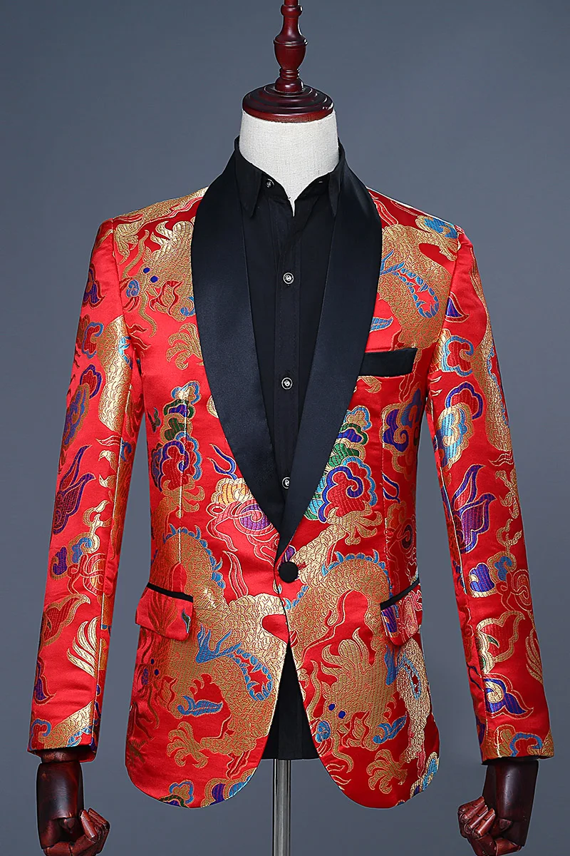 Китайский стиль мужской тонкий модный костюм куртка Красная Вышивка свадебное пальто Блейзер официальная Вечеринка хост певица сценический наряд