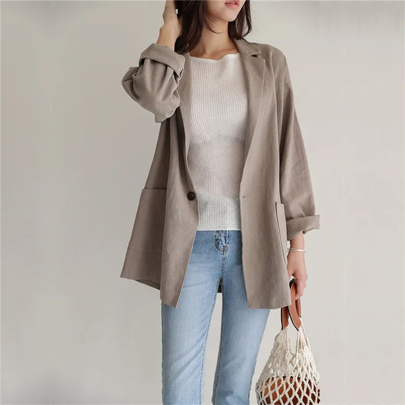 HziriP Summer Women Chic Simple Full Sleeves Single Button Office Ladies Fashion Vintage Loose All Match Blazer Large Size