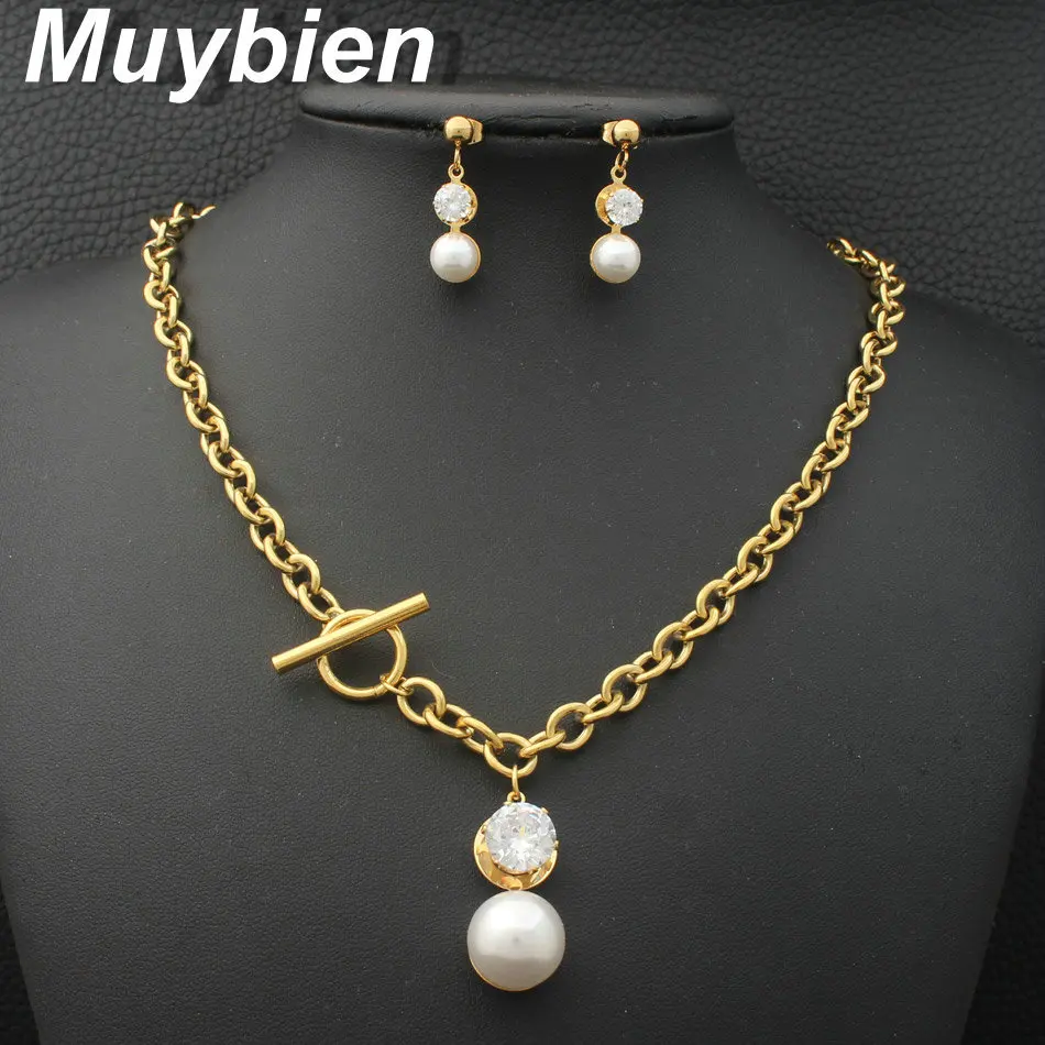Muybien дизайн простой Нержавеющая сталь Золото Цвет ожерелье и серьги Ювелирные наборы для женщин SEUJBYDB