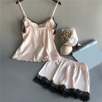 

Summer 2Pcs Ladies Sexy Deep V Lingerie Set Lace Vest Top Shorts Satin Nightdress Transparent Pajamas Silk Sleepwear Suits