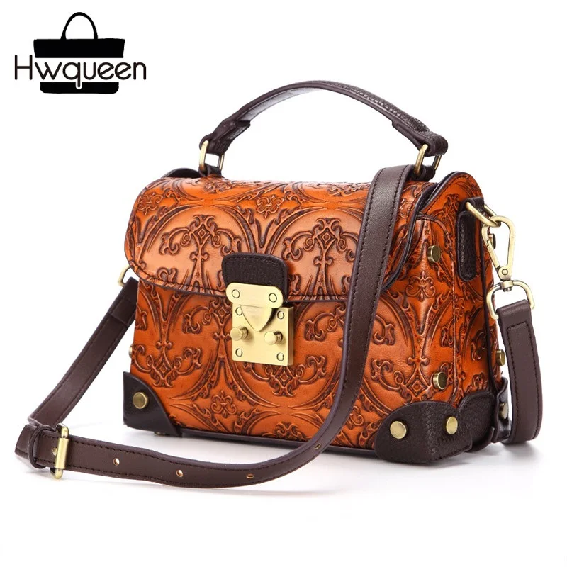 

Vintage Embossed Designer Genuine Leather Women Small Box Handbag Female Solid Messenger Bag Metal Lock Lady Cross Shoulder Bag
