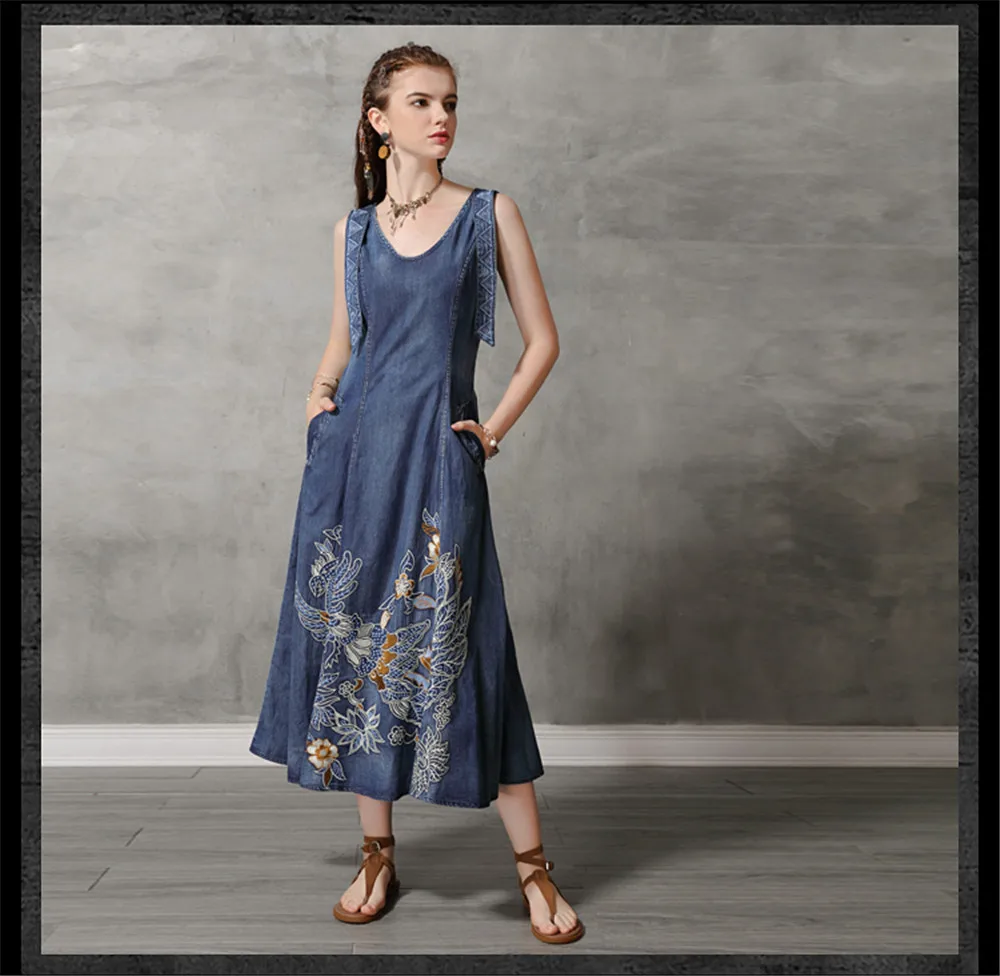 Vintage Summer Tank Dress 2019 Cotton Women Denim Dresses O-Neck Sleeveless Vintage Embroidery Swing Hem Sundress 82168  (6)
