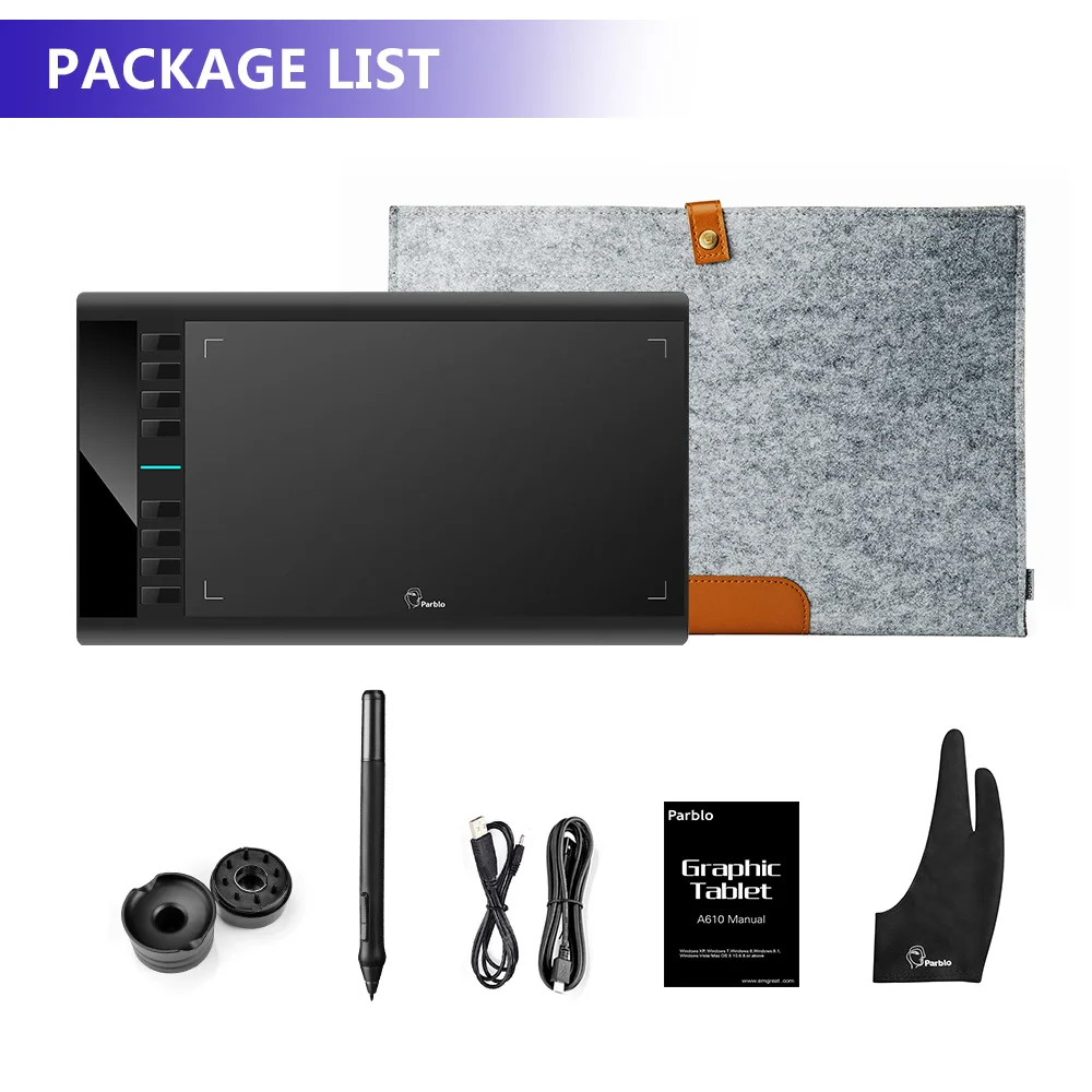 Parblo A610 10x6" Art Graphics Drawing Pen Tablet tableta Grafica 5080LPI Painting Board +Wool Felt Liner Bag+Glove