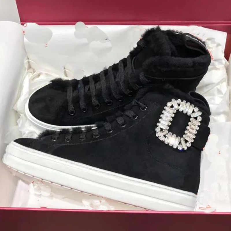 Rhinestone Lana 2019 black Mujer Botas Black Invierno Caliente Piel Bling Tobillo Redonda De Mujeres Para Punta Suede Nieve Las Leather 1FwFqz
