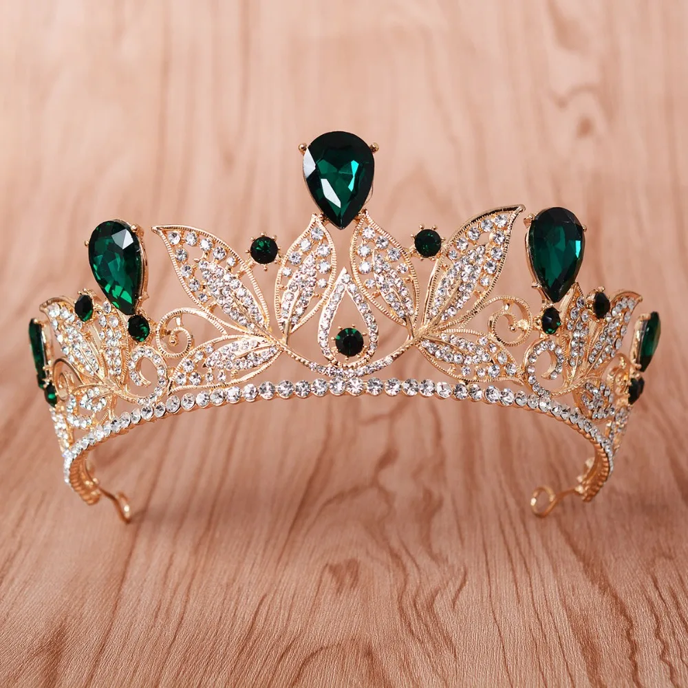 

Baroque Vintage Green Crystal Tiara Women Wedding Headpiece Rhinestone Diadem Gold Crown Bridal Hair Accessories tiara de noiva