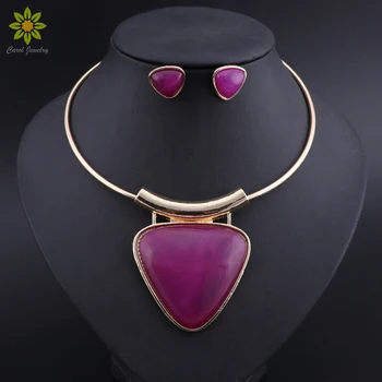 

Vintage Necklace Sets Fashion Women Gold Color Purple Resin Triangle Pendant Necklaces & Earrings Jewelry Set
