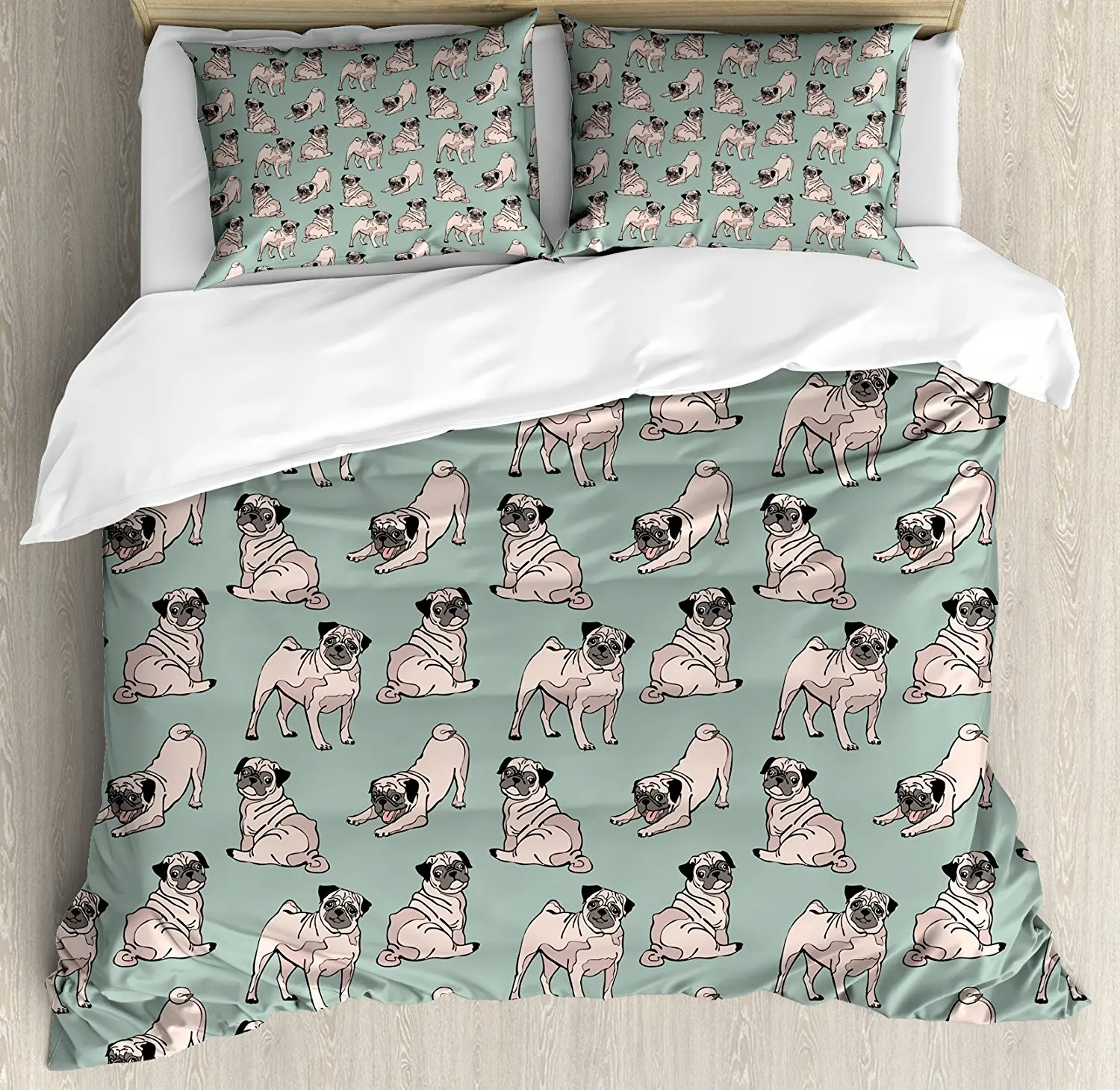 

Pug Duvet Cover Set Queen Size Dogs with Various States Sitting Standing Stretching Cute Cartoon Style Pet Drawing