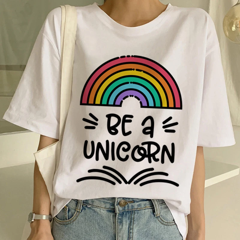 Футболка с радугой, милая Футболка Harajuku, женская футболка Ullzang Rainbow Unicorn, модная футболка с коротким рукавом, Kawaii, женские футболки