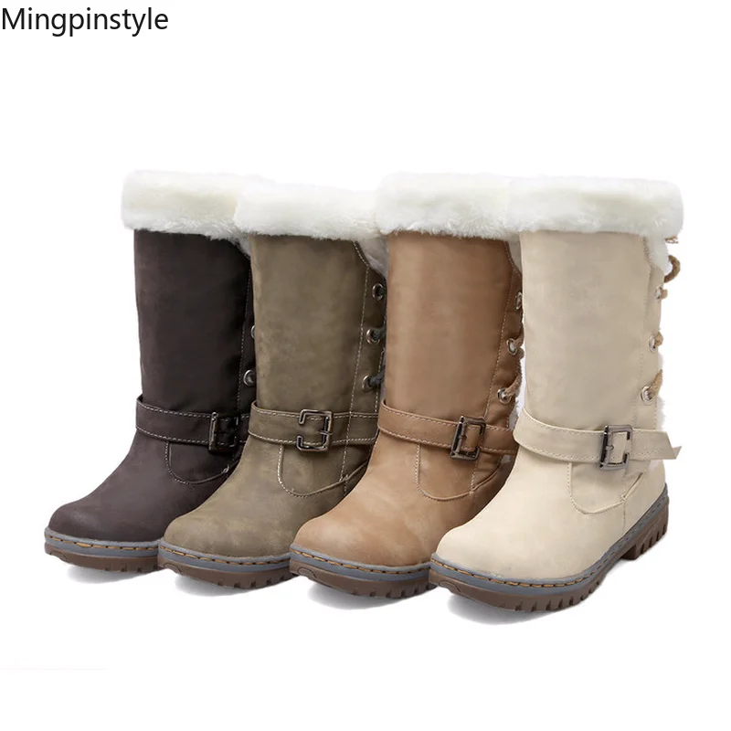 

Mingpinstyle 2018 Winter New Warm Cotton Women's Snow Boots Big Size Thick Warm Resistance Cold Belt Buckle Cross Strap Boots