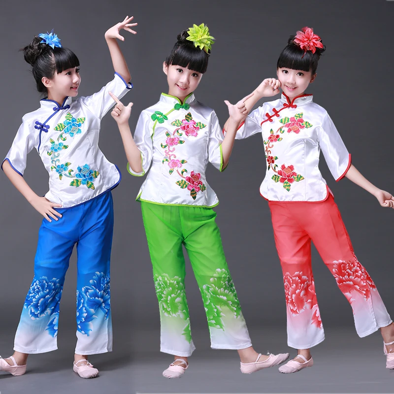 Chinese Folk Dance Children's Dance Clothing Girl Fan Drum Dance Custome Yangko Dance Classical Costume Folk Dance Costumes