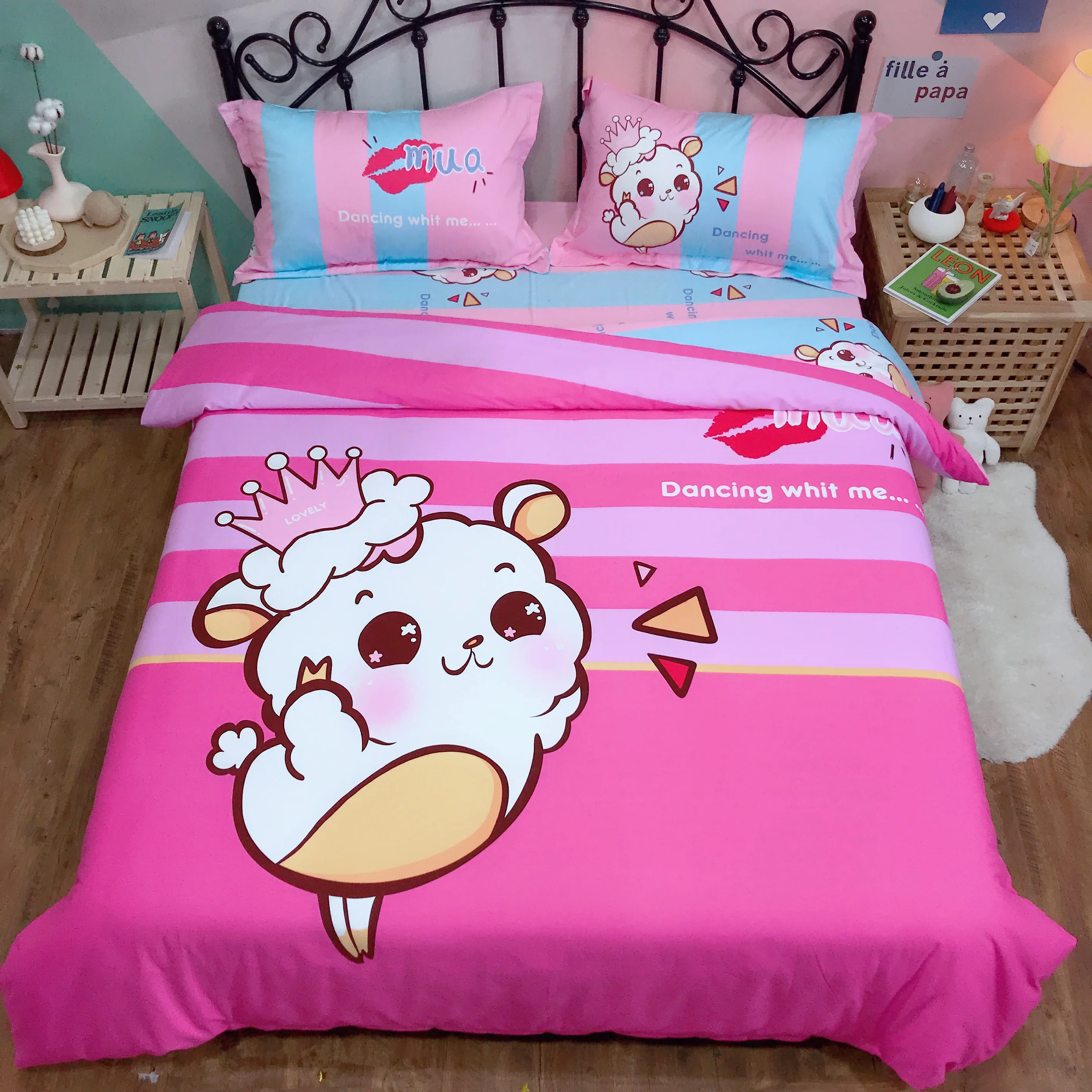 Best Cute bedding sets quilt cover Cartoon 100% Cotton Bed Sheet Twin Queen King Size girls Duvet Cover Set pink stripe bedclothes