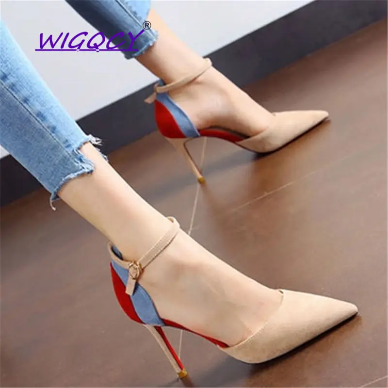 

Suede Pointed Toe Thin Heels High Heels sandals women Autumn Summer shoes woman Was Thin Shallow Buckle Strap ladies shoes