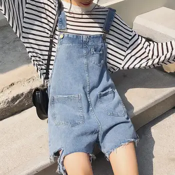 

Yfashion Women Shorts Broken Hole Loose High Waist Overalls Women Clothes Light Blue Wide Leg Suspender Shorts Summer Wear