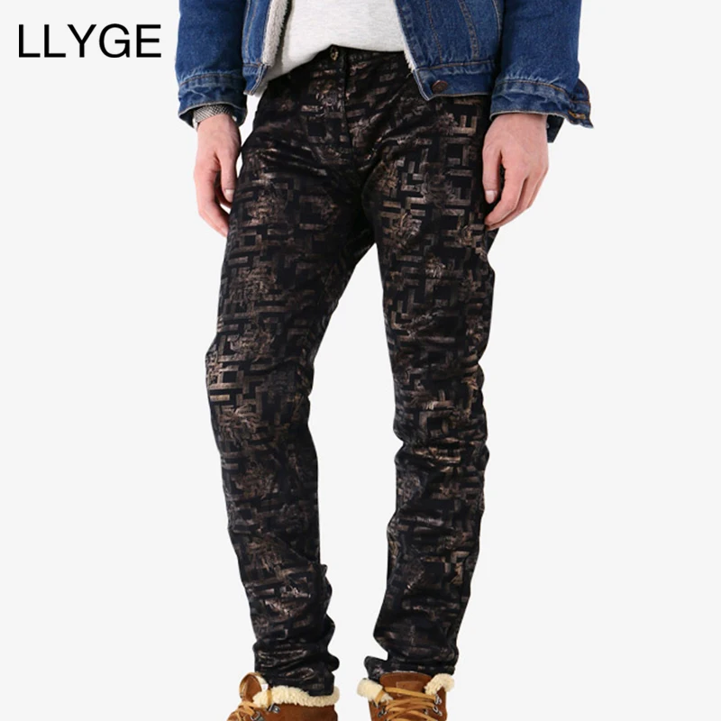

LLYGE Geometrical Pattern Printed Jeans Men High Quality Fashion Designer Skinny Jeans Casual Hip Hop Denim Jeans