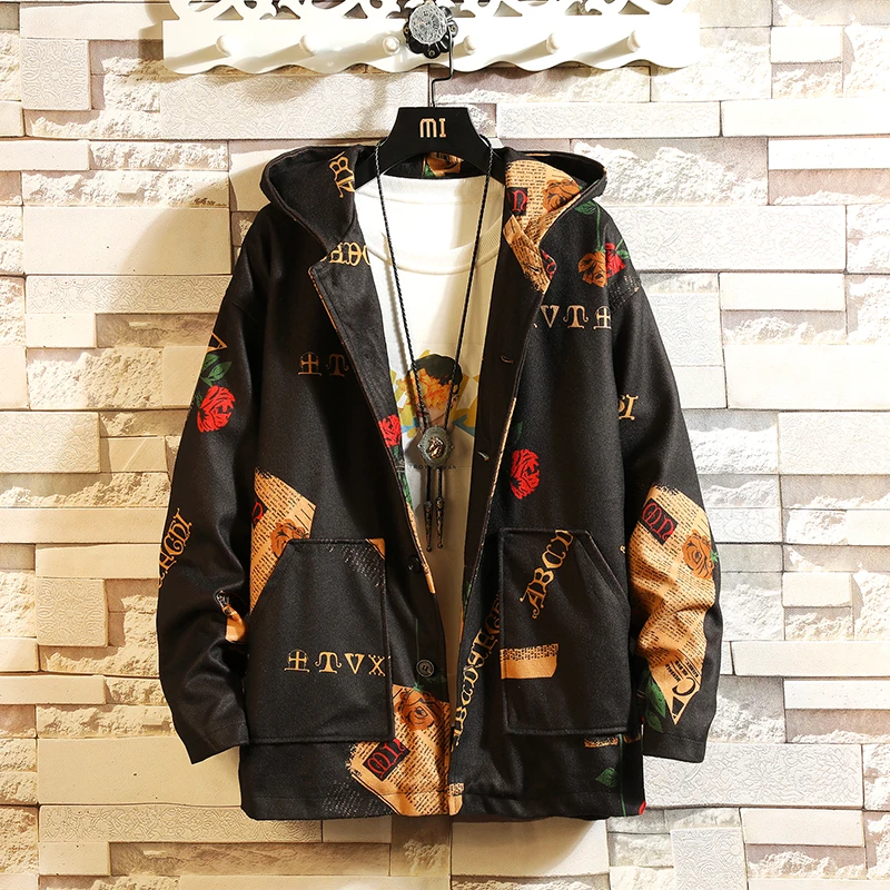 Hooded Bomber Jackets Men 2019 Spring Streetwear Mens Jackets Floral Printing Windbreaker Vintage Man Outwear