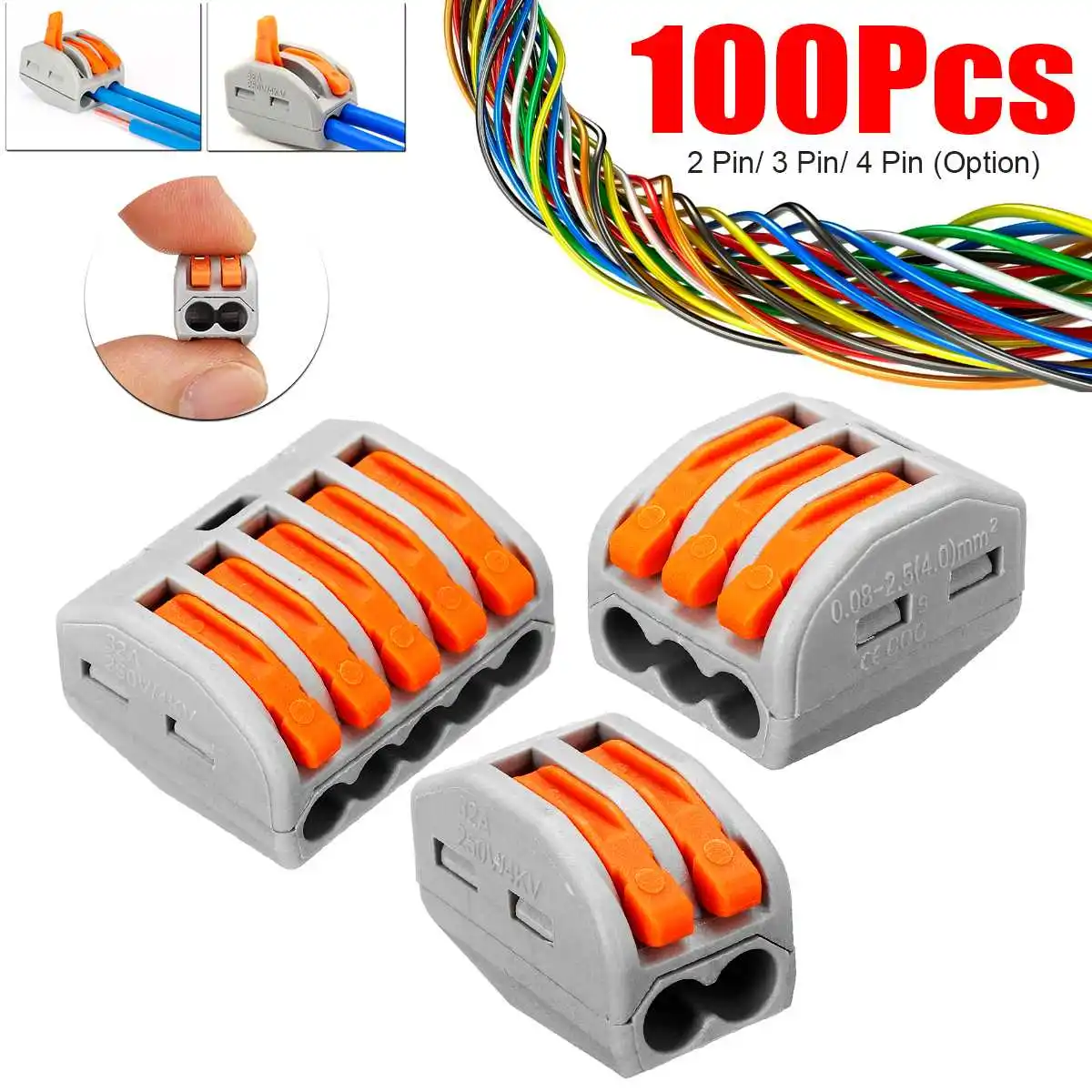 

100Pcs Terminal Block Lever Electric Cable Compact Wire Connector 2/3/5 Pin Conductor Reusable 0.08~2.5mm2 Hard 0.08~4mm2 Soft