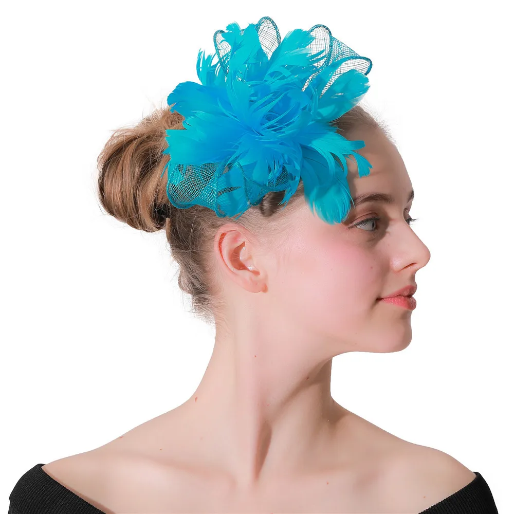 

turquoise blue Feather flower Sinamay Hair Bands Bridal Hats Wedding Party Floral Hair Fascinator Hat Headband For Women Yellow
