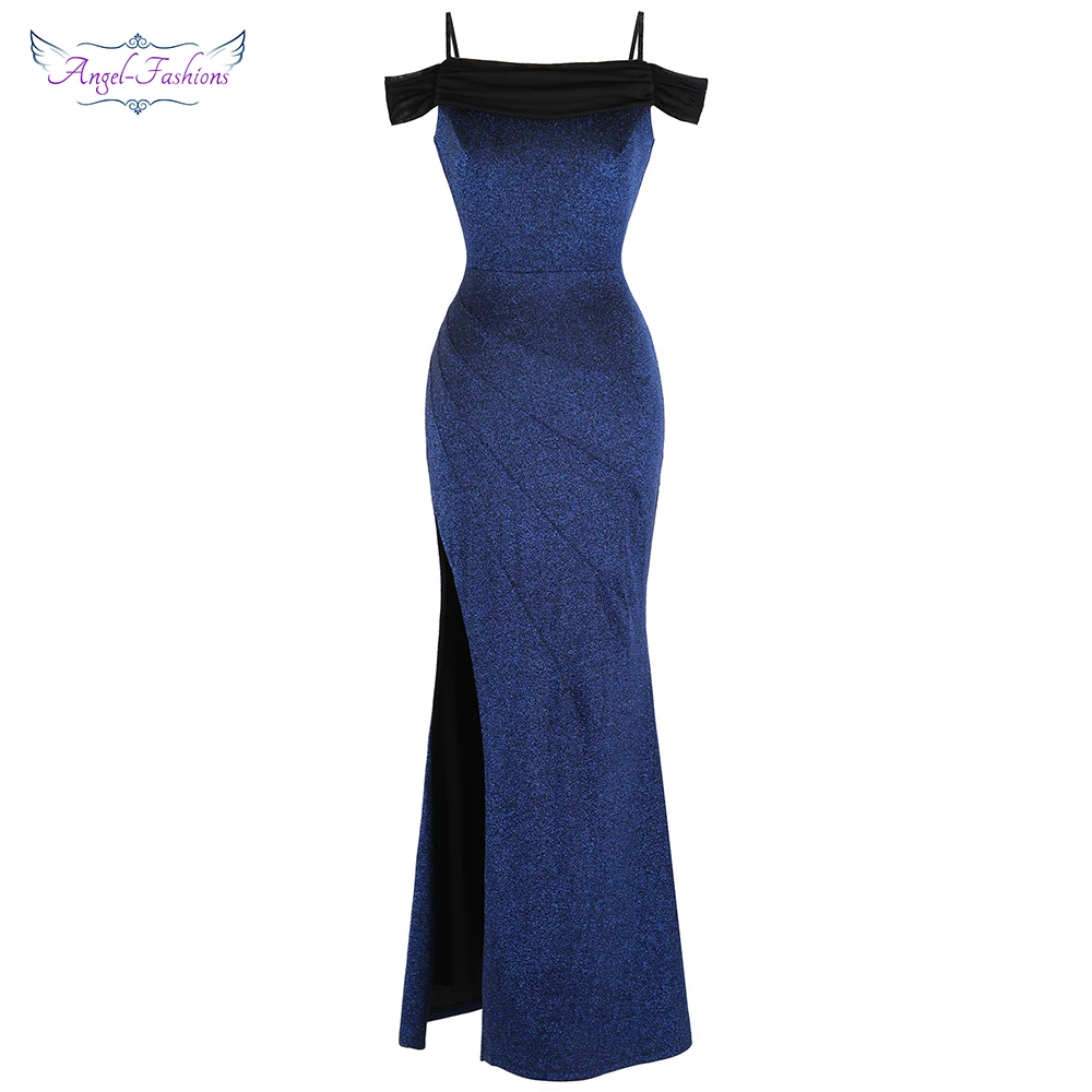 Angel-fashions Women's Boat Neck Pleated Split Mermaid Long Evening Dress Blue 430 388