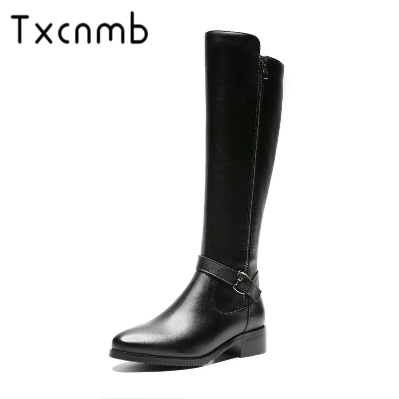

TXCNMB 2019 Cow Leather Knee High Boots Woman High Heels Black Ladies Party Shoes Winter Autumn Boots Woman