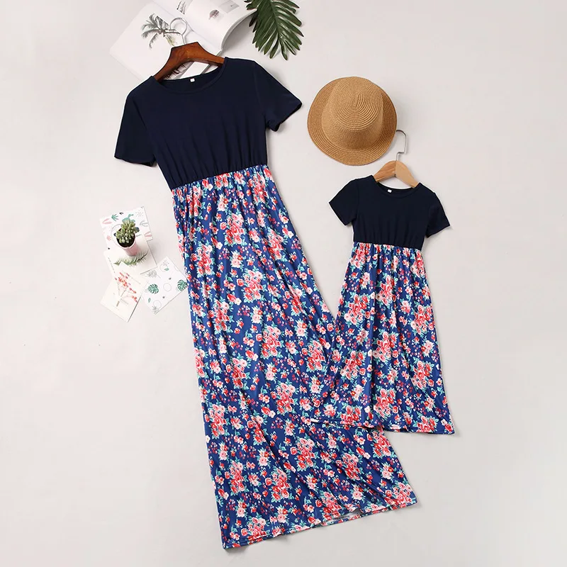 

Mother daughter dresses blue floral print long dresses for mom and daughter summer dressess