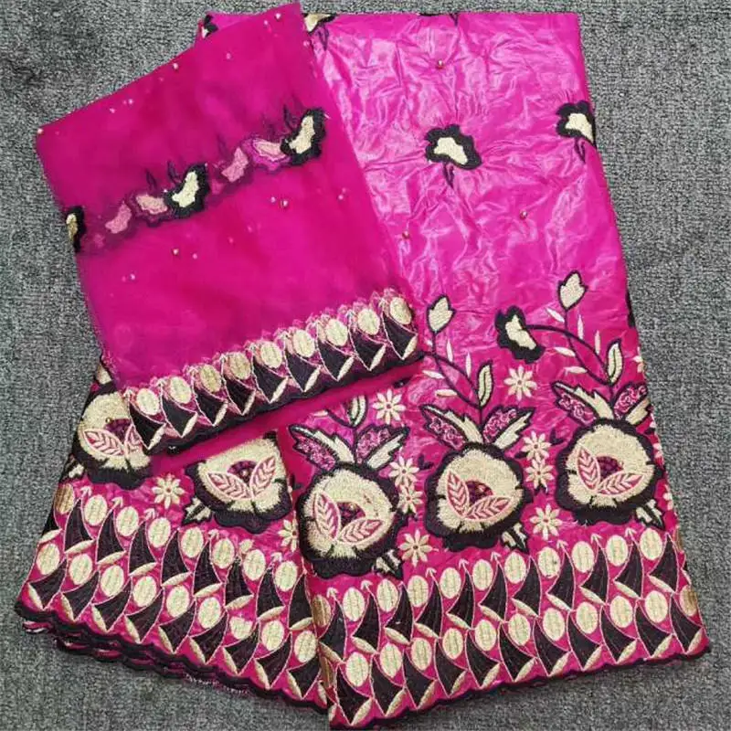 

Bazin riche fabric with beads brode bazin riche lace for women Fuchisa guinea brocade fabric high quality 5+2yard/lot-J30